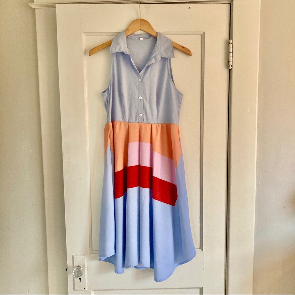 Retro Button Top Midi Dress with Color Blocks